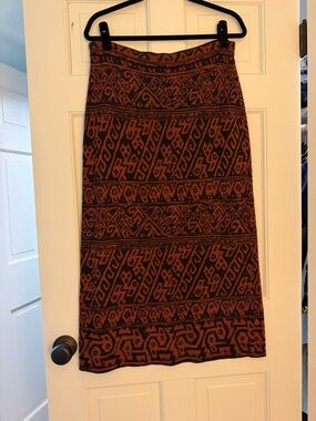 Peruvian Connection Rust and Black Patterned Midi Skirt